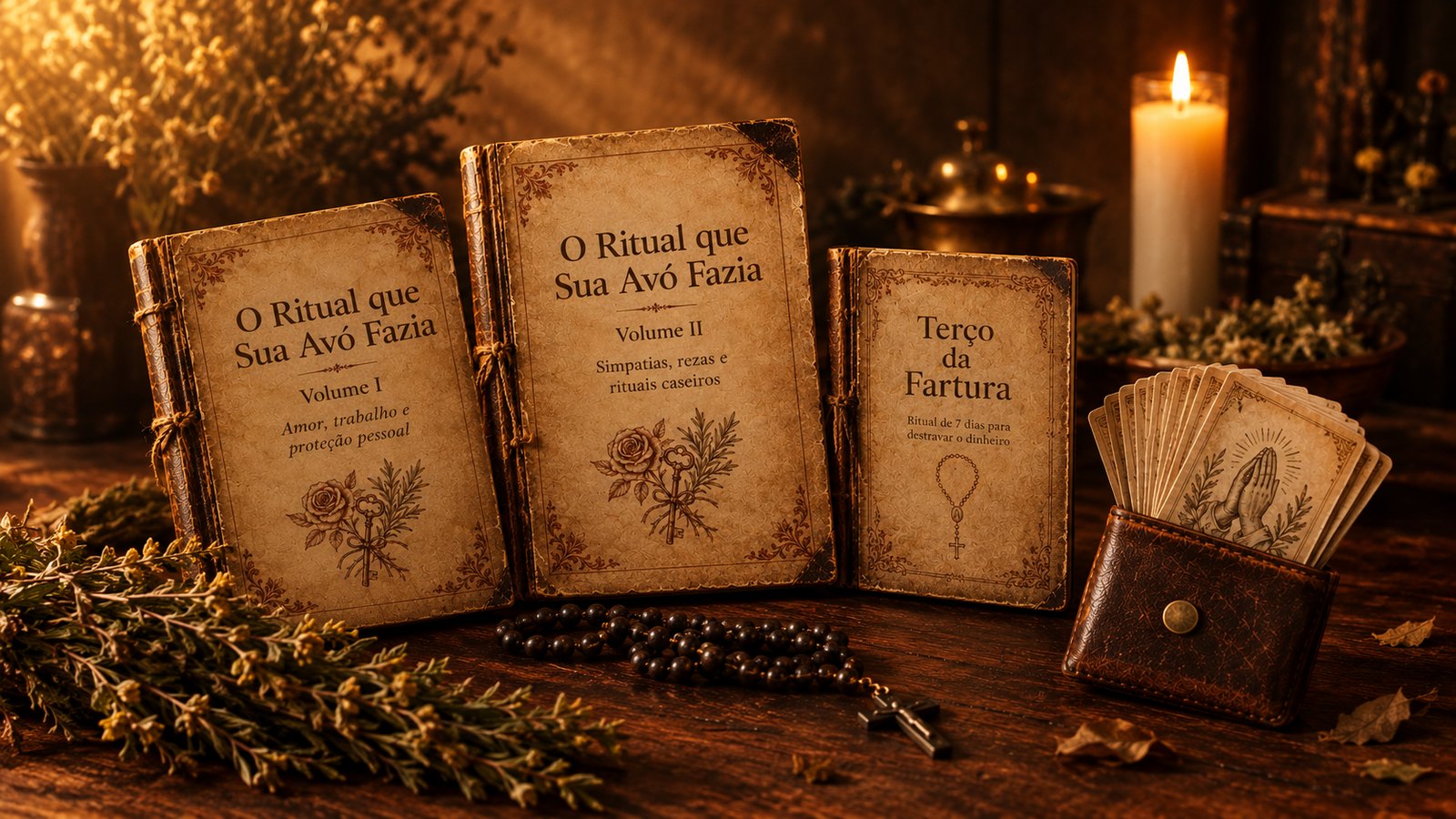 A coleção completa sobre a mesa de madeira à luz de vela: os cadernos Volume I e Volume II, o Terço da Fartura e a carteira com as seis orações do Kit de Emergência.