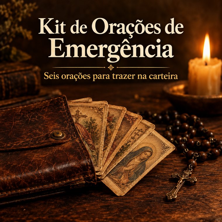 Capa do “Kit de Orações de Emergência — seis orações para trazer na carteira”: uma carteira antiga com seis cartões de oração, um terço e uma vela acesa.