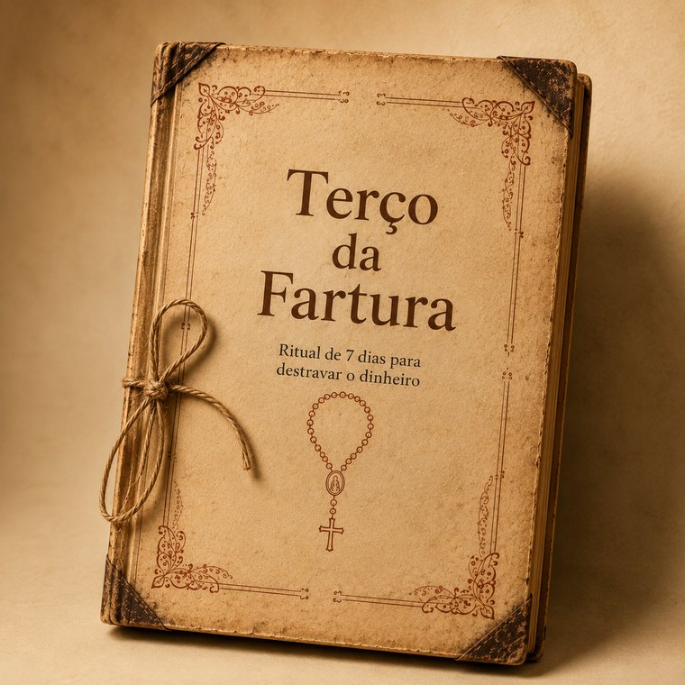 Capa do “Terço da Fartura — ritual de 7 dias para destravar o dinheiro”, um caderno pequeno atado com cordel e um terço desenhado.