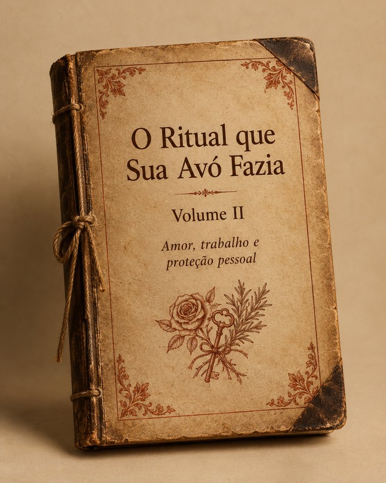 Capa do caderno “O Ritual que Sua Avó Fazia — Volume II: amor, trabalho e proteção pessoal”, com uma rosa, uma chave e um ramo de alecrim desenhados a sépia.
