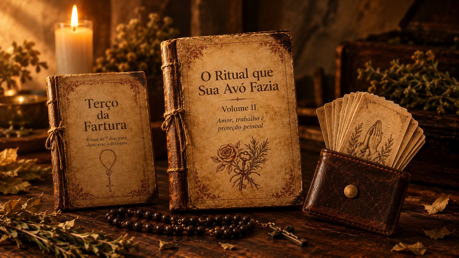 O caderno Volume II e o Terço da Fartura sobre a mesa de madeira à luz de vela, com a carteira das orações do Kit de Emergência ao lado.