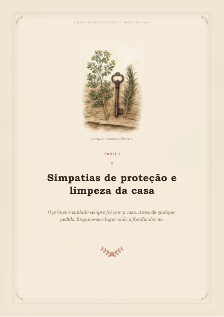 Página de abertura da Parte I do caderno, com uma ilustração de arruda, chave e alecrim sobre madeira.