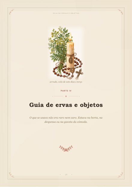 Página de abertura da Parte IV do caderno, com uma ilustração de arruda, vela de sete dias e terço.